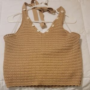 Blue Rain Tan Knit Crop Top with Button Detail